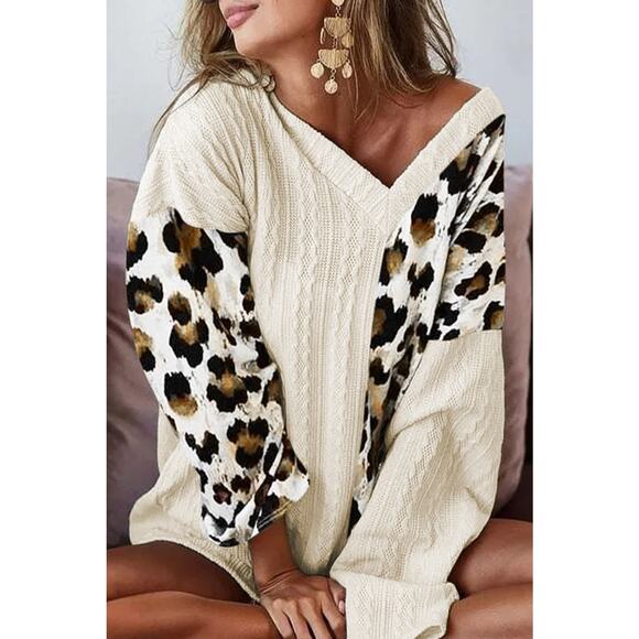 Beige Asymmetric Leopard Patchwork Wide Sleeve V Neck Sweater New  S, M - Picture 1 of 12
